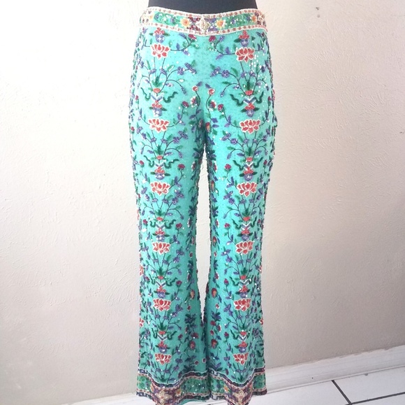 Escada Pants - ESCADA Floral Sequin Embellished Silk Pants
